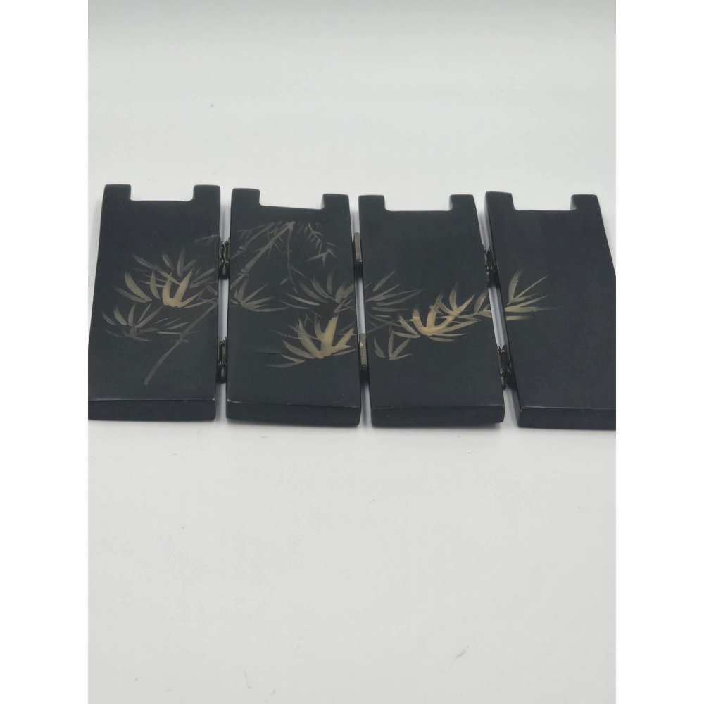 Vintage Black Lacquer Mother of Pearl Inlay 4 Panel Mini Table Screen Deer Crane - Picture 6 of 14
